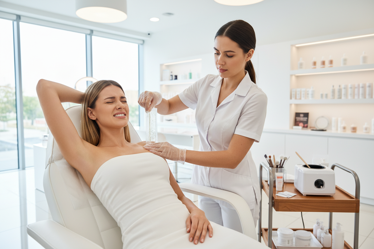 Lady getting her armpit waxed and hurting from it